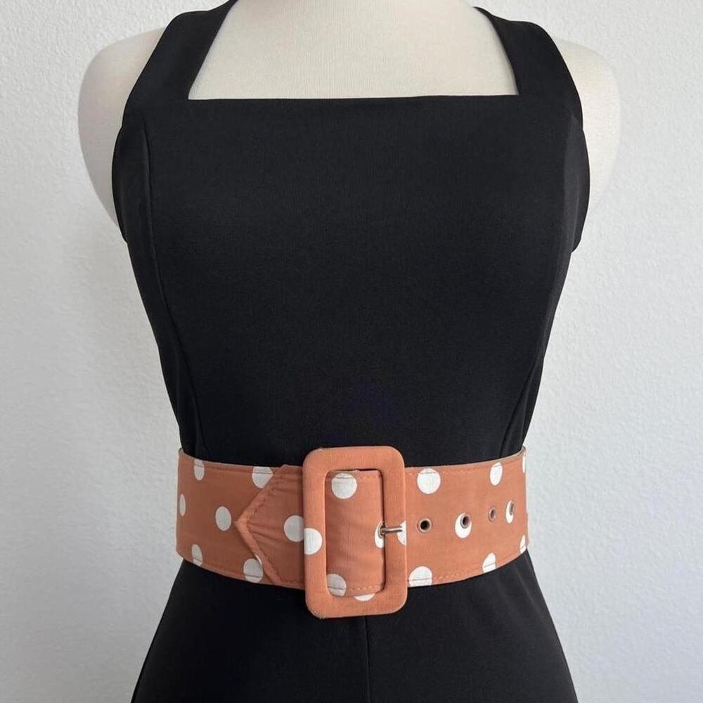 Retro Wide Waist Belt Rust Tan and White Polka Dot Fabric Buckle Mod USA Small